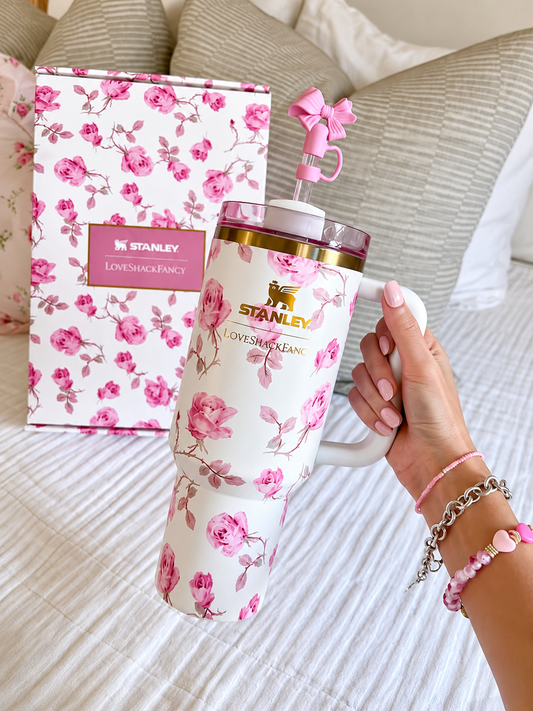 White Floral Stainless Steel Tumbler Gift Set with Gift Box – 1.18L
