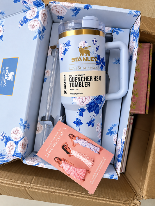 Blue Floral Stainless Steel Tumbler Gift Set with Gift Box – 1.18L