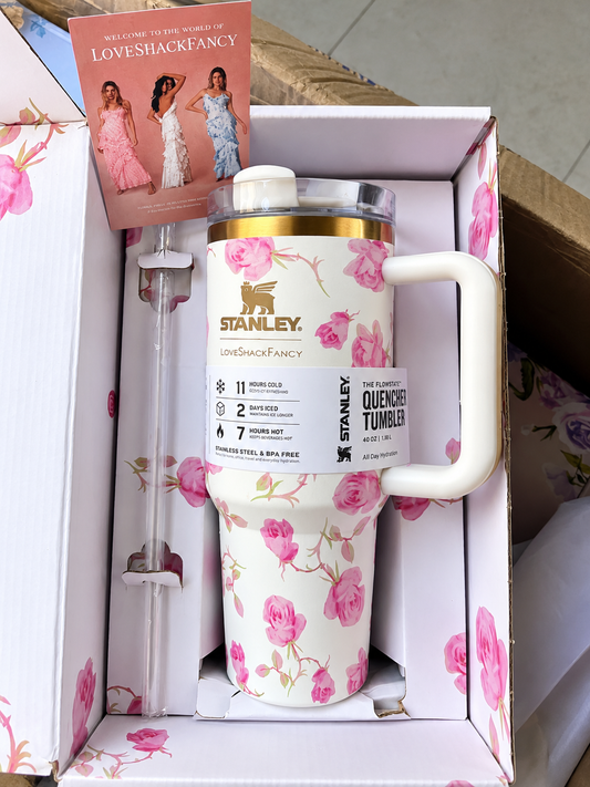 White Floral Stainless Steel Tumbler Gift Set with Gift Box – 1.18L