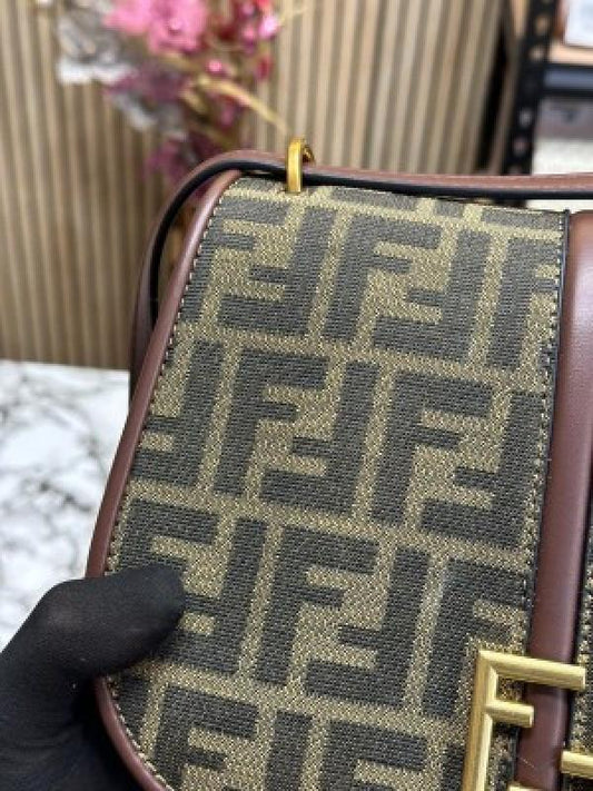 FENDI BOSTON 365 BROWN FF JACQUARD FABRIC BAG 1477