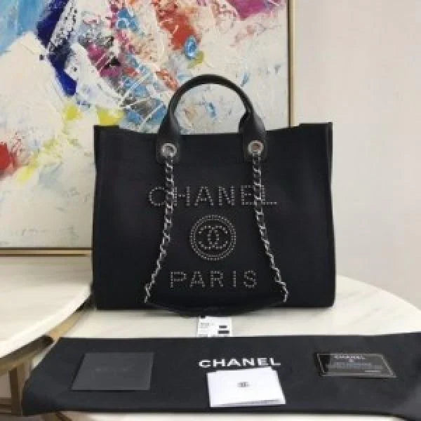 Chanel deauville pearl canvas tote bag black 220