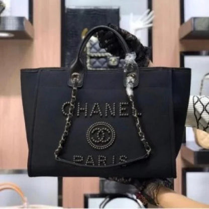 Chanel deauville pearl canvas tote bag black 220