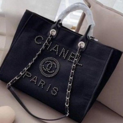 Chanel deauville pearl canvas tote bag black 220
