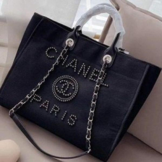 Chanel deauville pearl canvas tote bag black 220