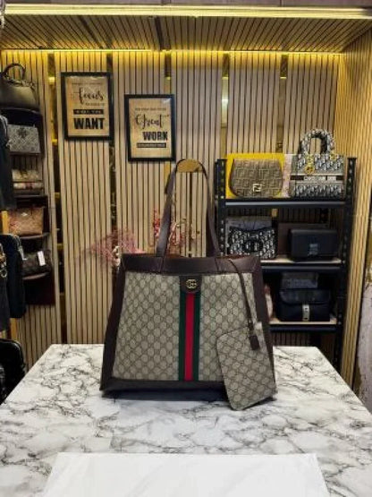GUCCI CANVAS LEATHER TOTE BAG WITH POUCH 5159