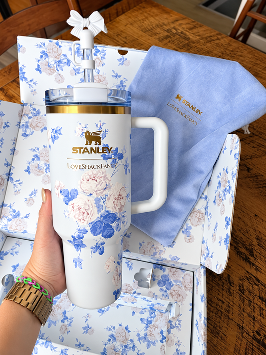 Blue Floral Stainless Steel Tumbler Gift Set with Gift Box – 1.18L
