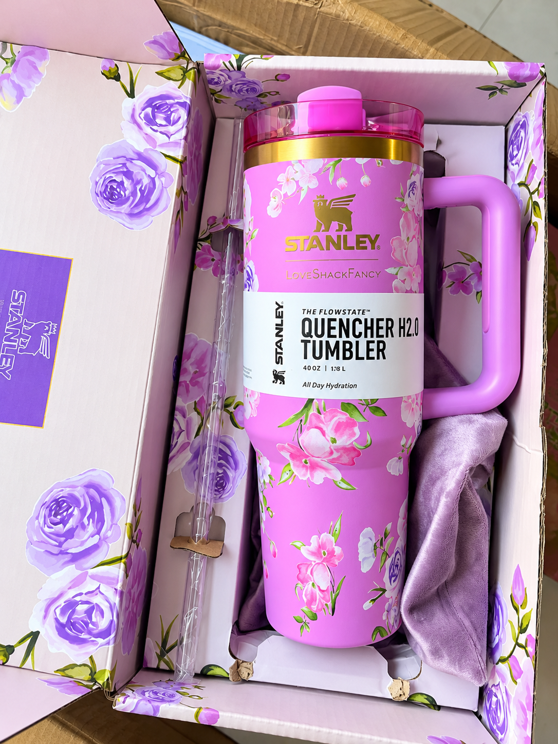 Purple & Green Floral Stainless Steel Tumbler Gift Set with Gift Box – 1.18L