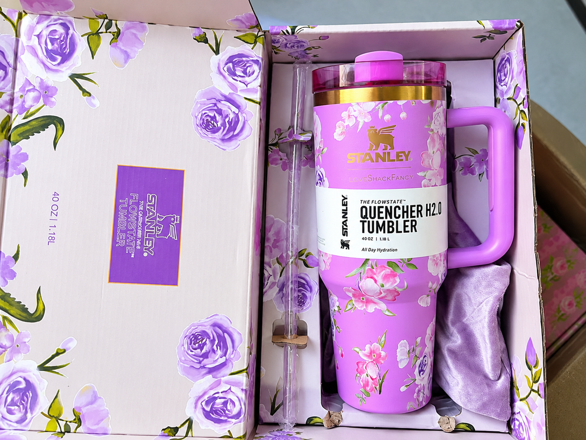 Purple & Green Floral Stainless Steel Tumbler Gift Set with Gift Box – 1.18L