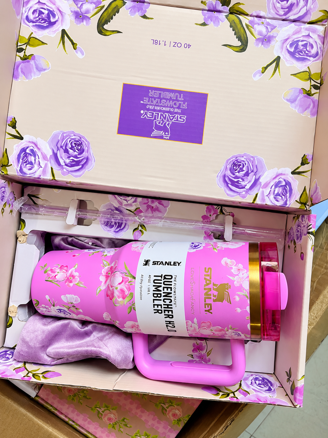 Purple & Green Floral Stainless Steel Tumbler Gift Set with Gift Box – 1.18L