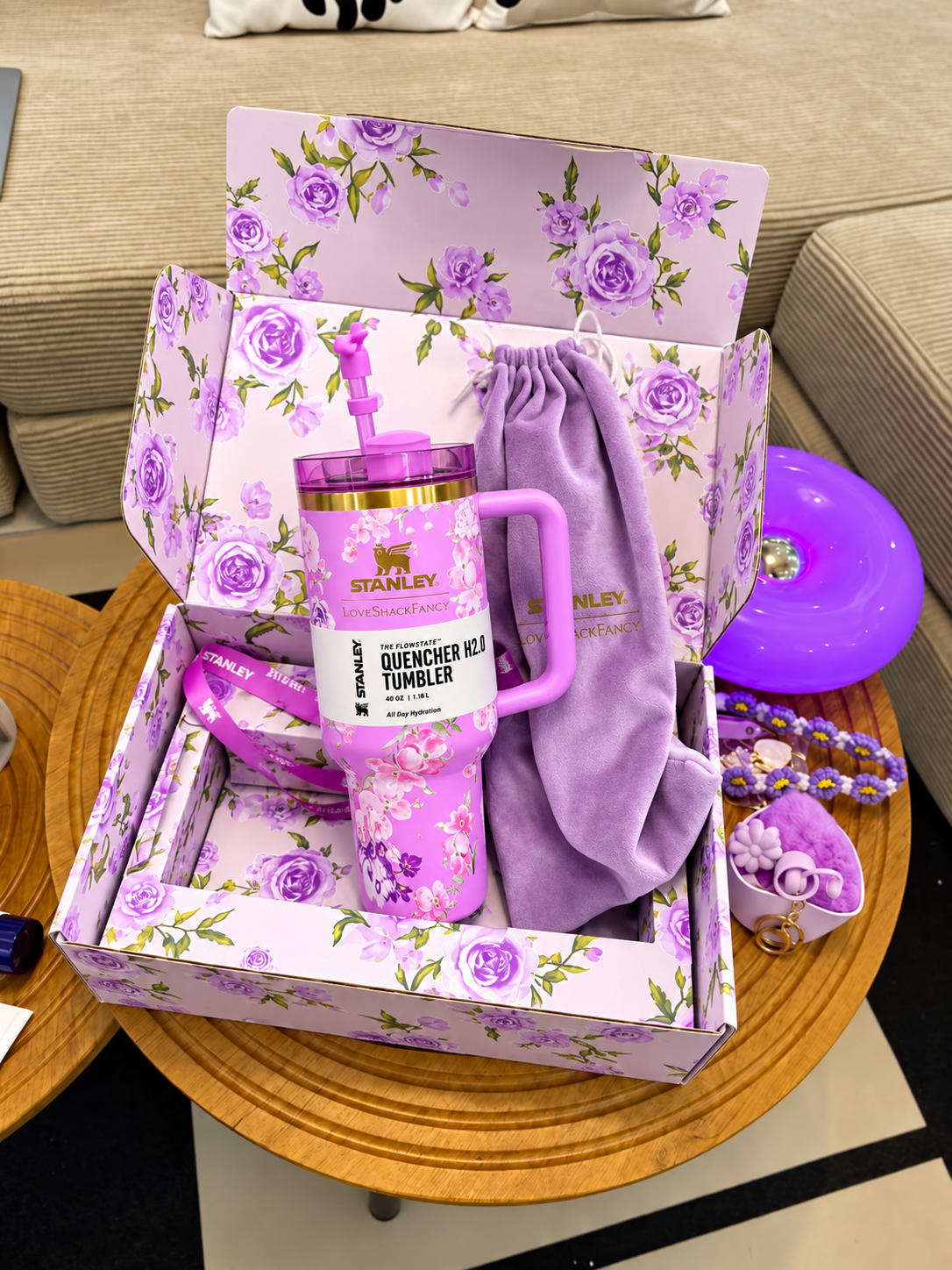 Purple & Green Floral Stainless Steel Tumbler Gift Set with Gift Box – 1.18L
